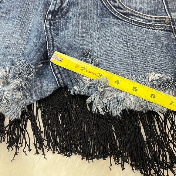 Vintage X2 Shorts Y2K Low Rise Micro Mini Leopard Patch Fringe Denim Pink Trim - Picture 6 of 7